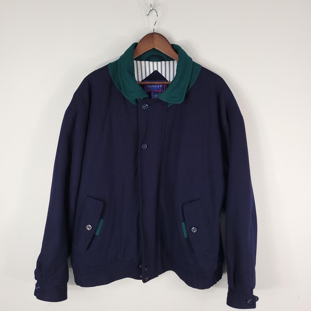 GANT Jacket Mens Large Navy Green Collar Lined‎ Bomber Harrington Zip Button Vtg